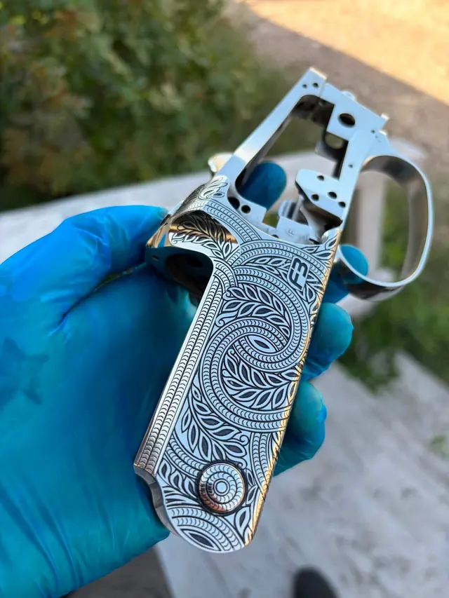 Engraved grip frame with scroll pattern and paneled sections